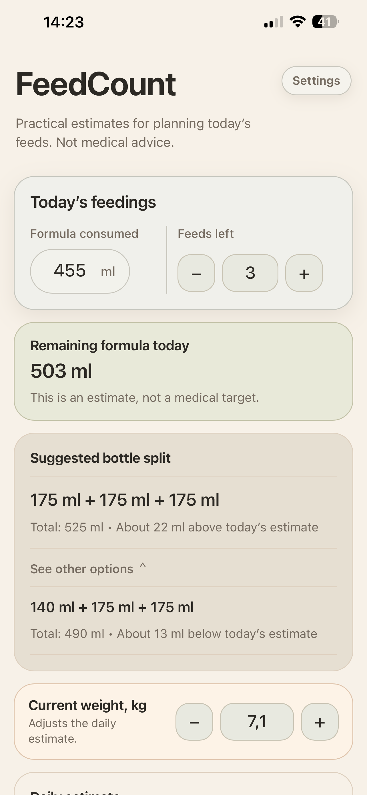 FeedCount bottle split screen with alternative bottle options expanded