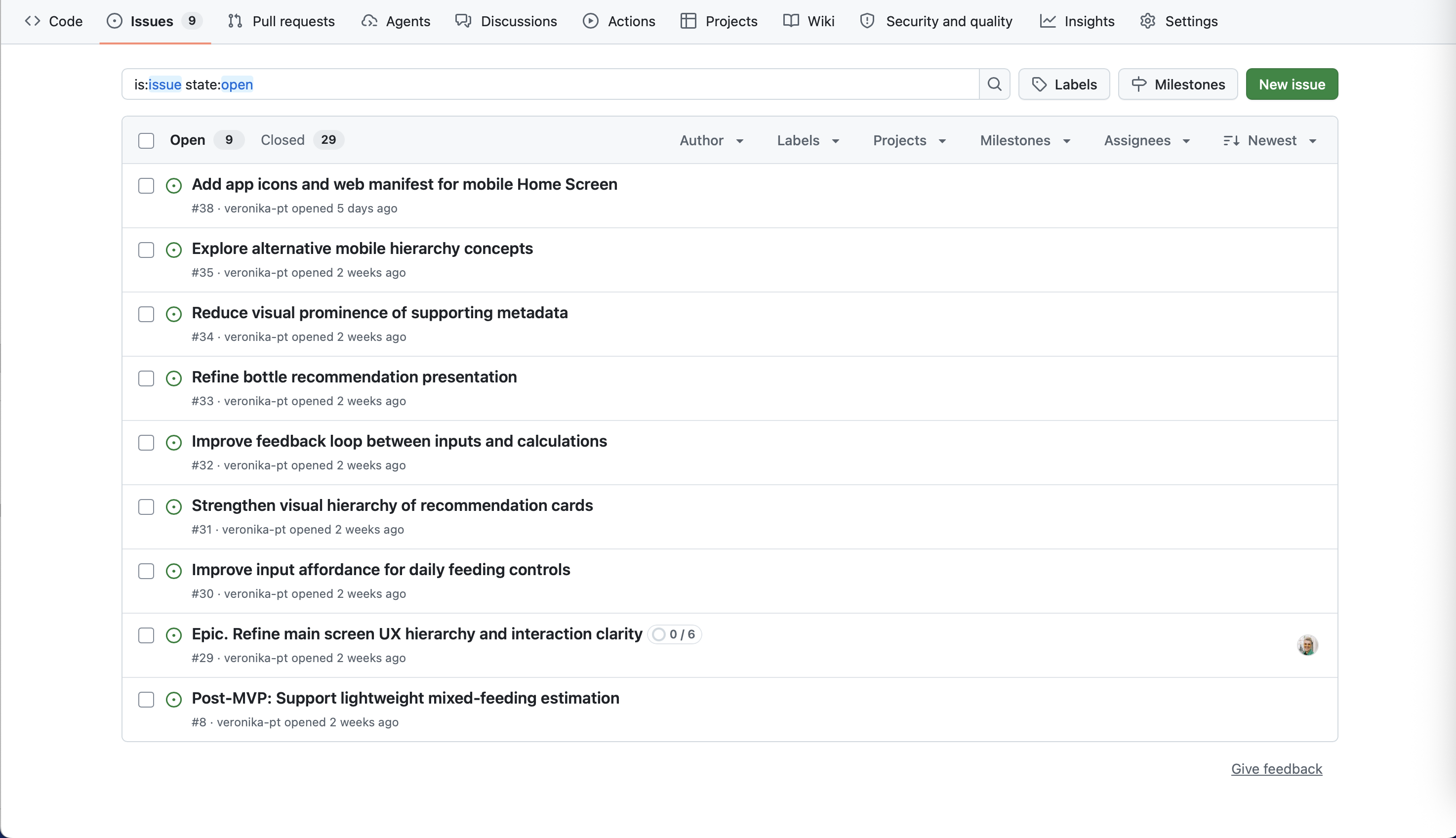 FeedCount GitHub issues backlog showing post-MVP improvement tasks