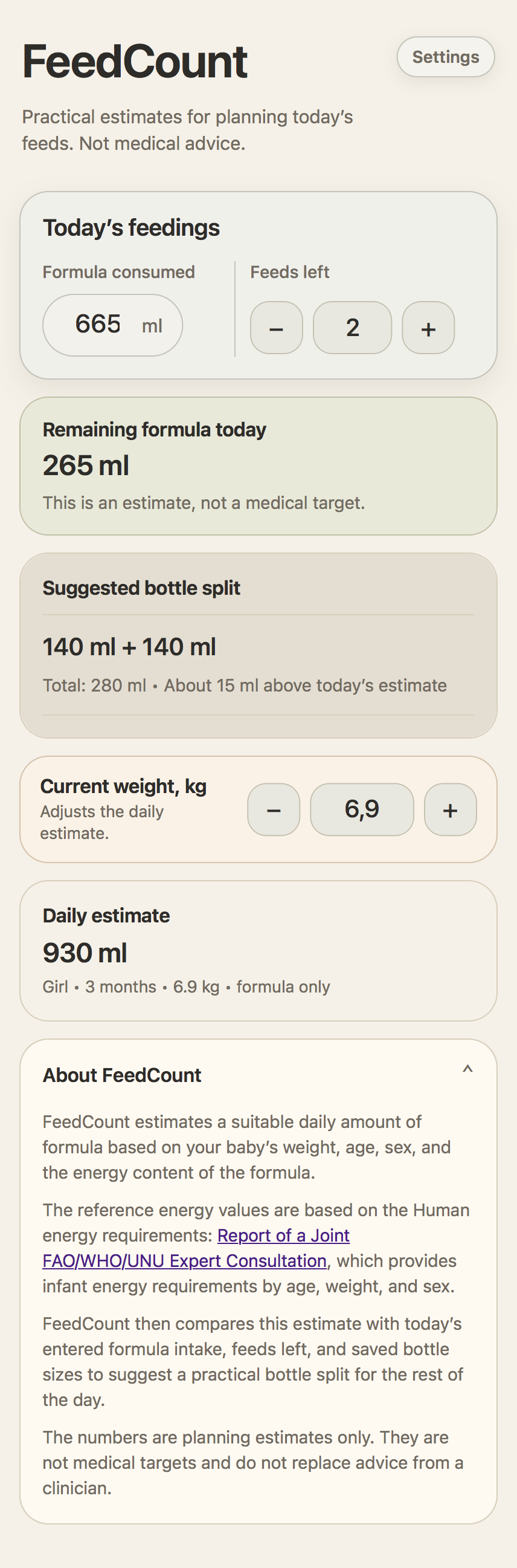 FeedCount app main screen showing formula remaining for today