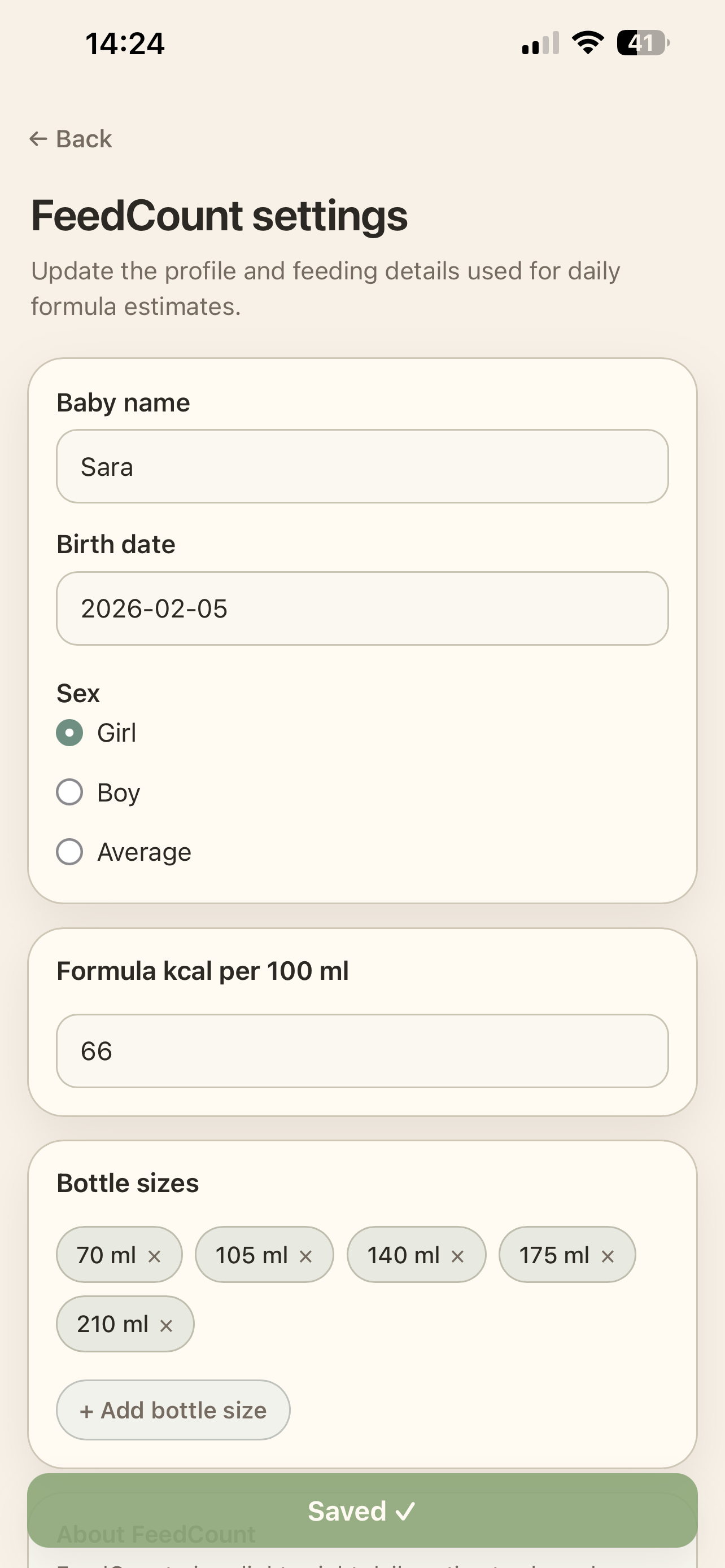 FeedCount setup screen with baby profile and formula settings