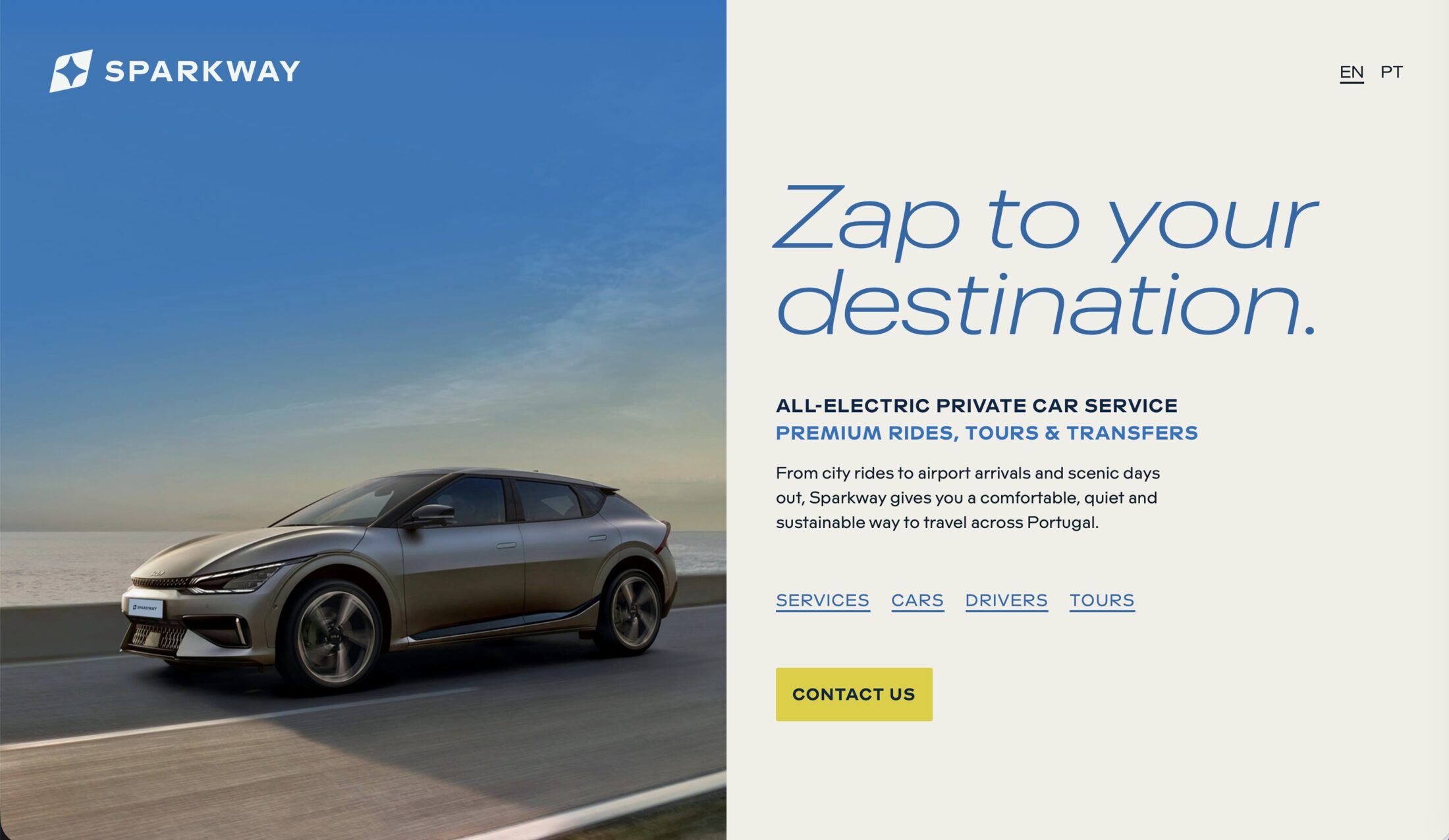 Sparkway website homepage in light mode