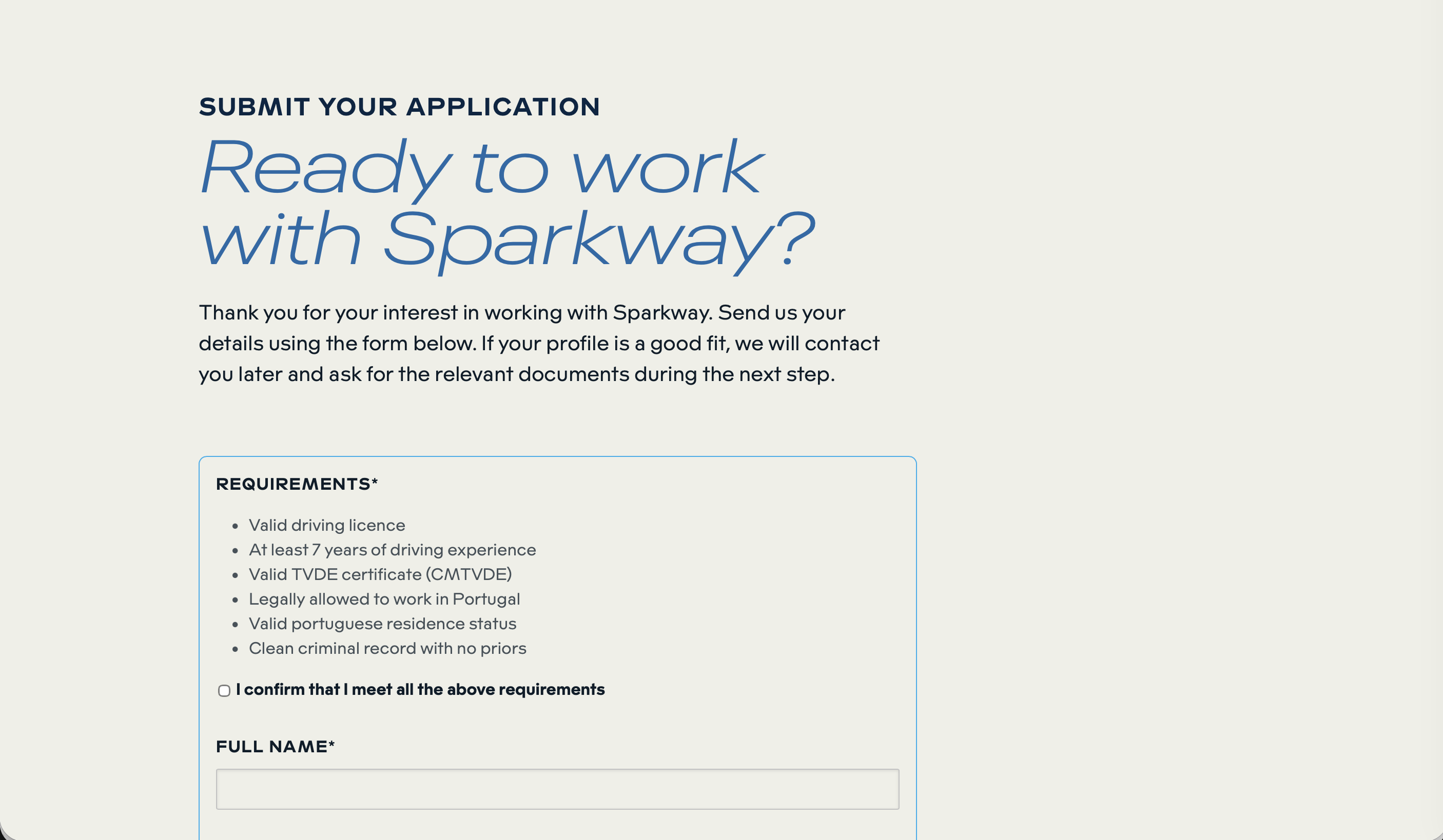Sparkway driver recruitment application page showing requirements and application form