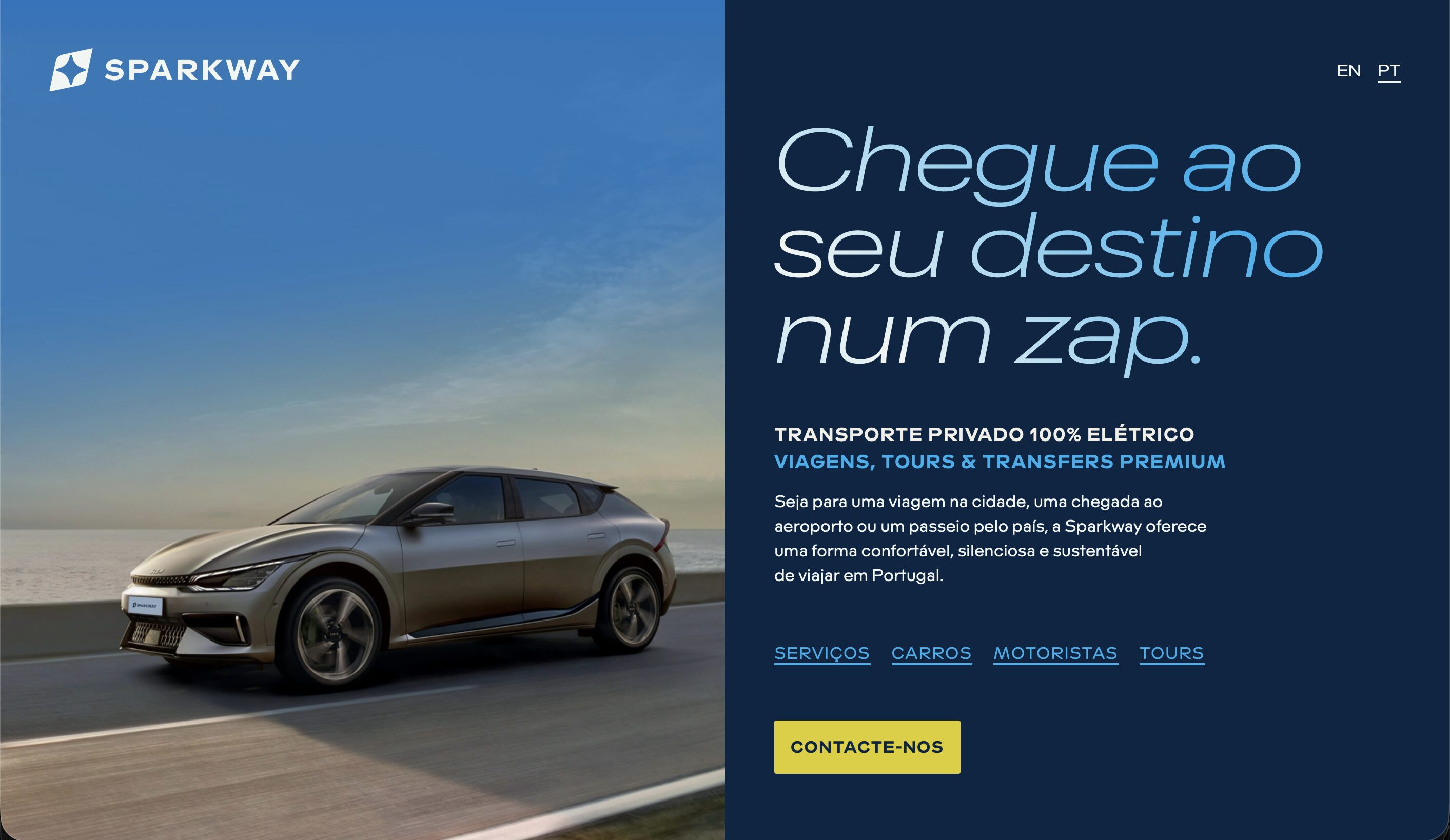 Sparkway website in European Portuguese using the dark colour scheme